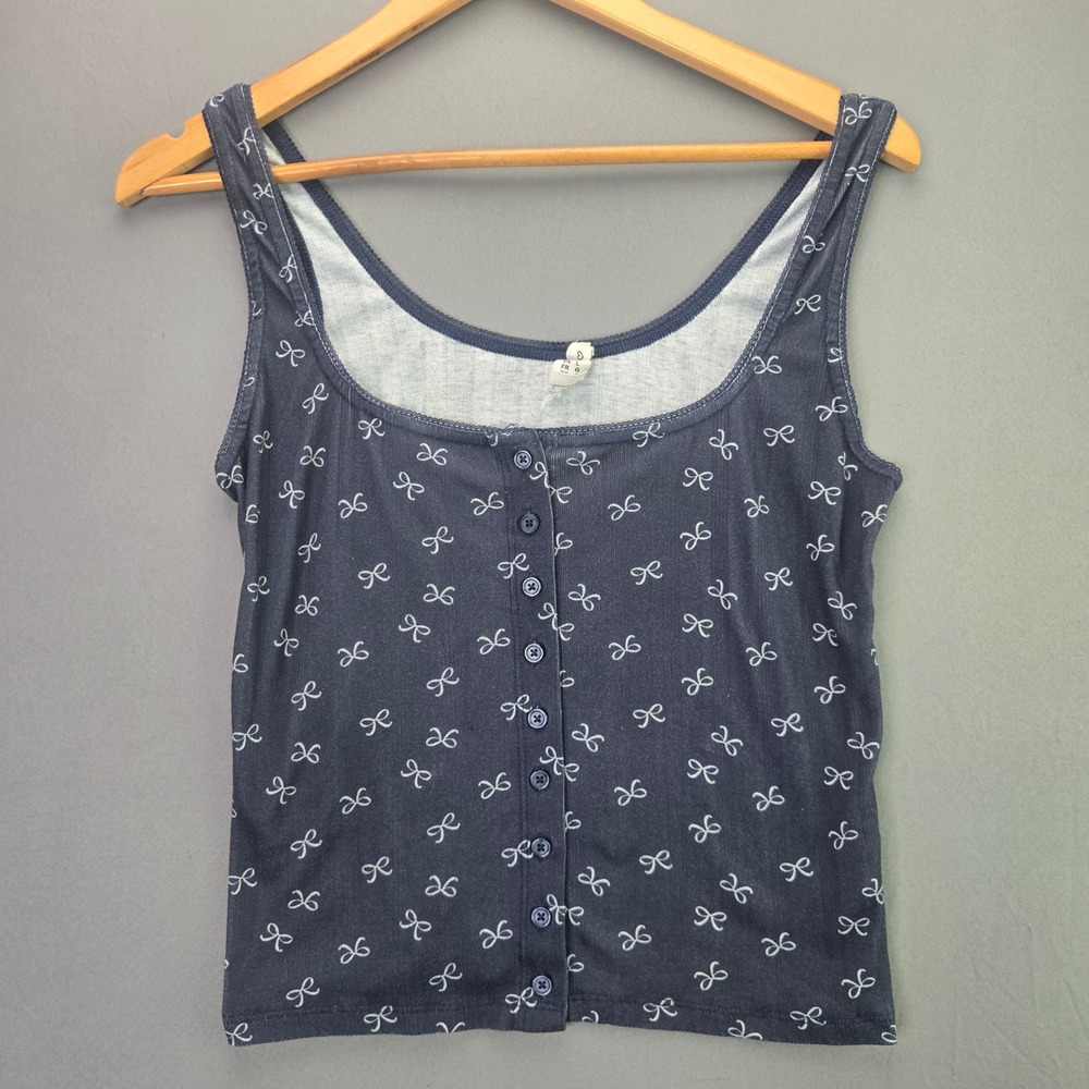 True Craft Tank Top Bow Print Button Up Size L Blue Sleeveless Scoop Neck Ribbed